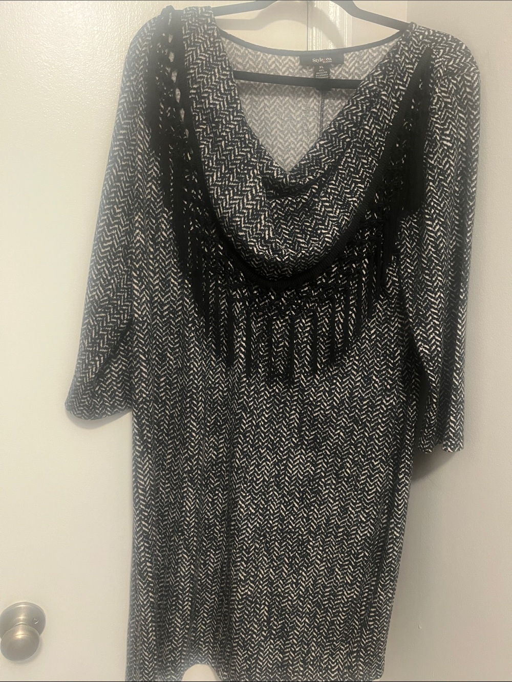Style & Co. Black and White Cowl Neck Fringe Sweater Dress